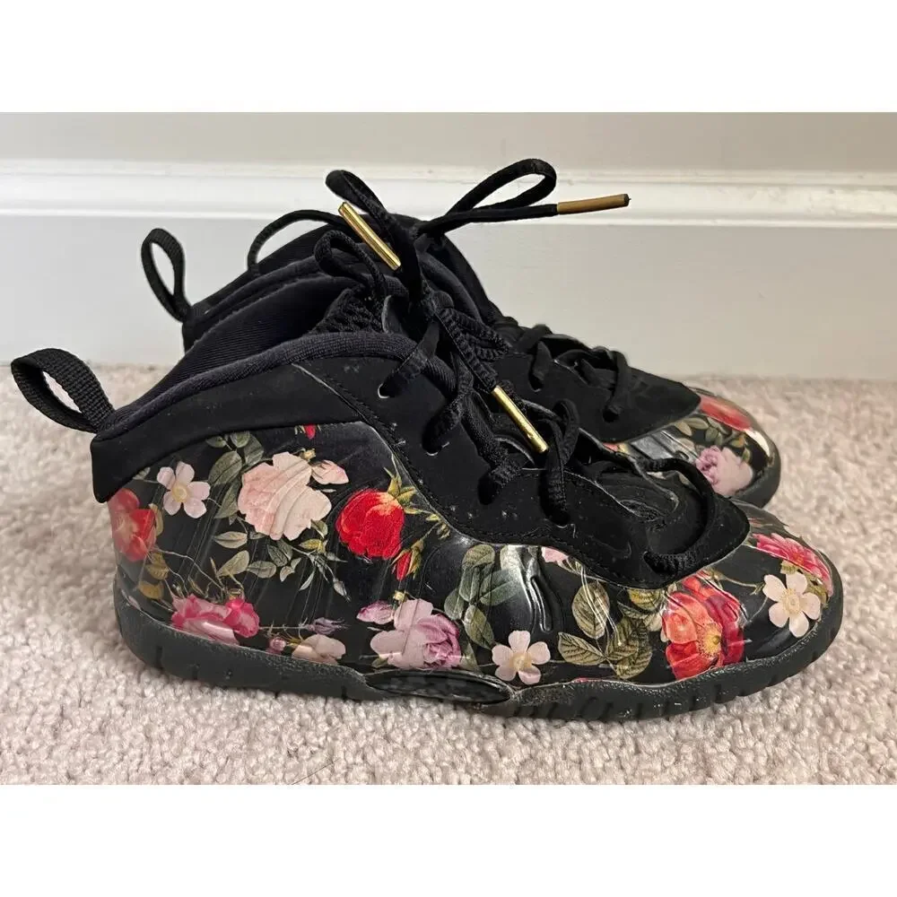 Nike Air Foamposite One Floral Lace-Up Sneakers Black/Black-Metallic Gold 10C